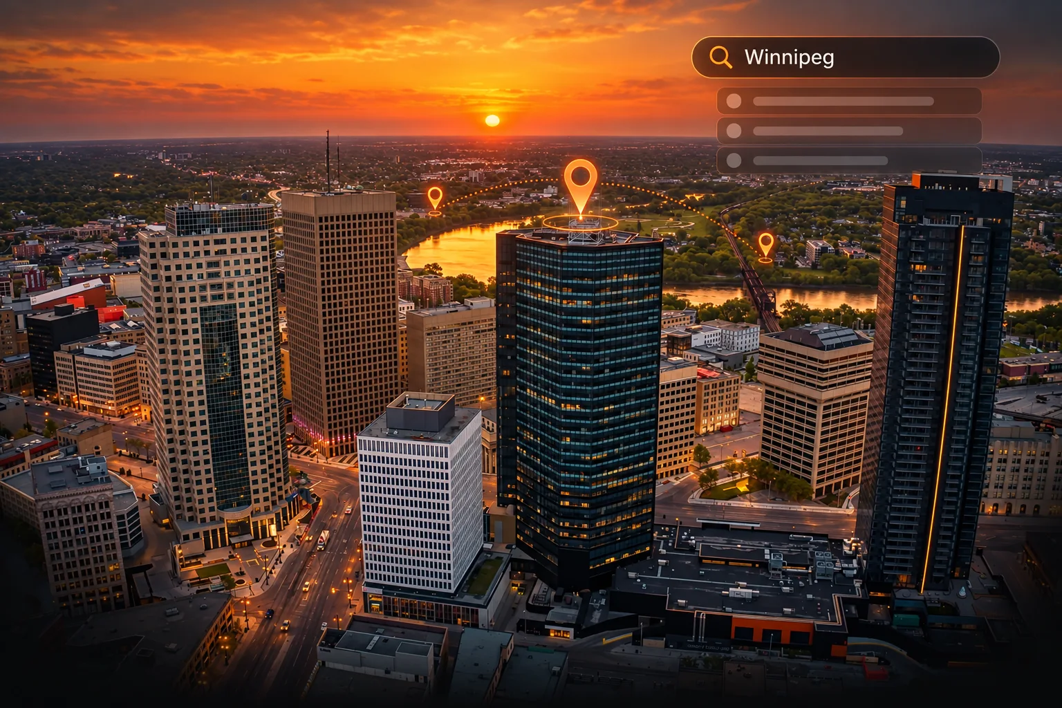 SEO for Contractors Winnipeg illustration using the downtown skyline with search and location graphics